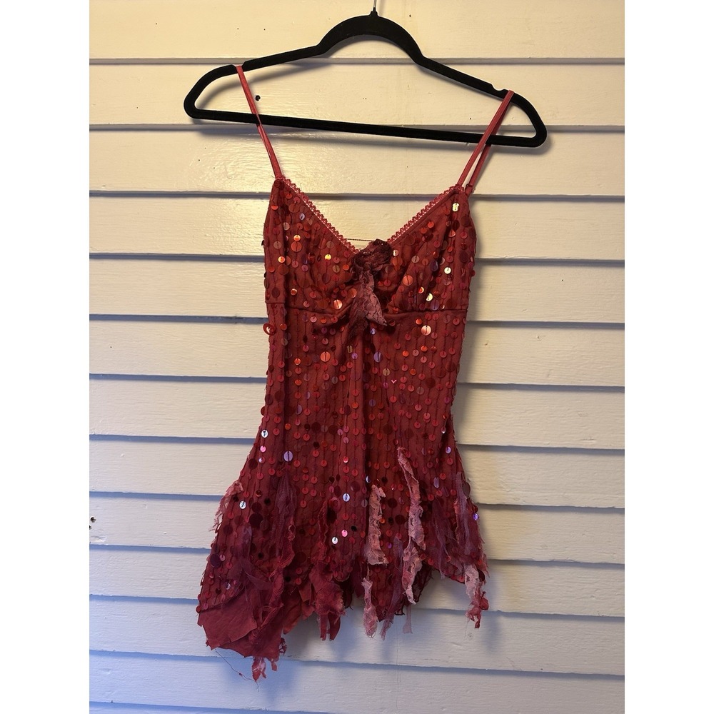 Vintage Y2K Bebe Red Sequin Embroidered Asymmetrical Top Sz M Fairy